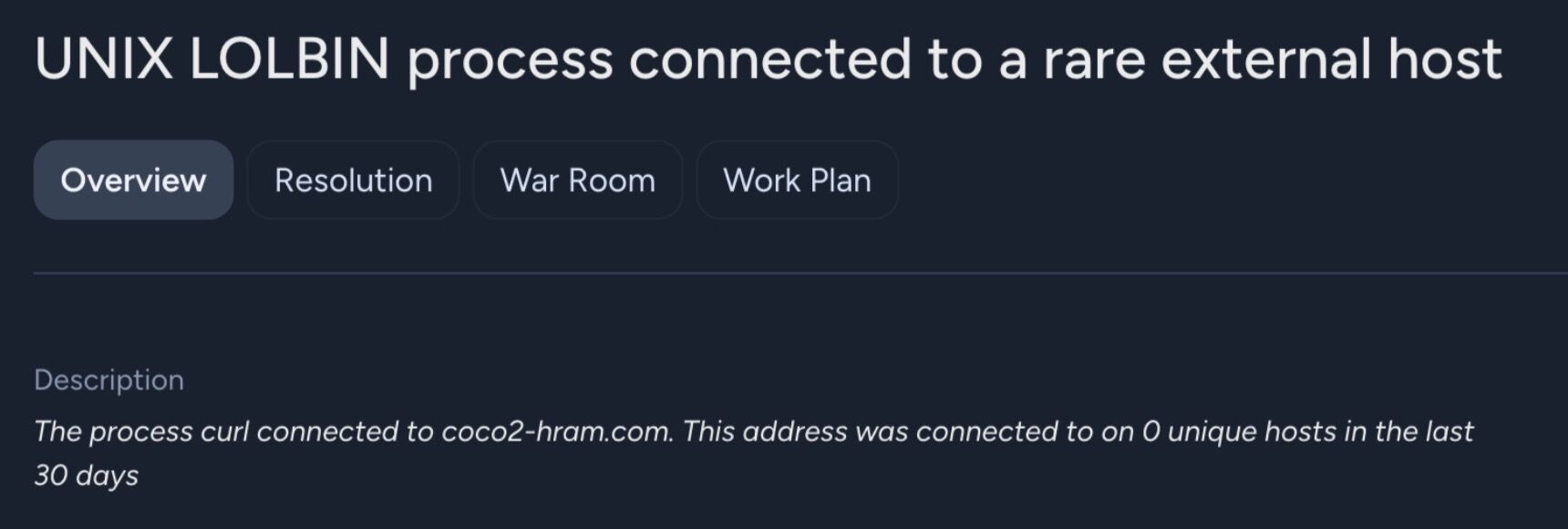 StrongKeep EDR alert: a UNIX LOLBIN process (curl) connected to the rare external host coco2-hram.com