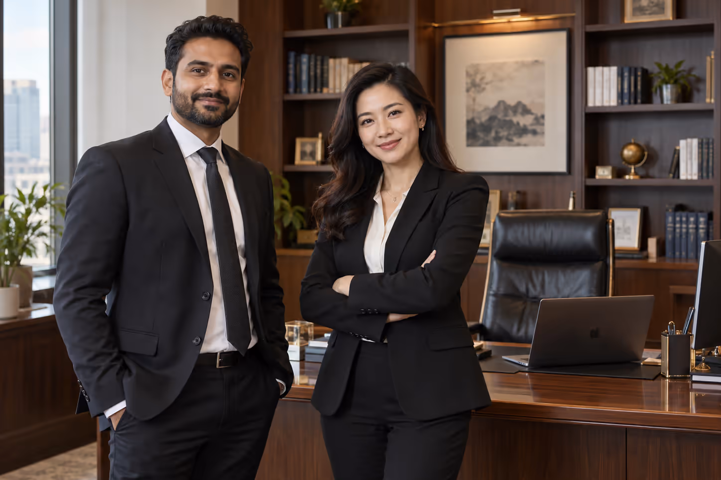 Two lawyers in dark suits stand smiling in a wood-panelled office with bookshelves and a desk behind them